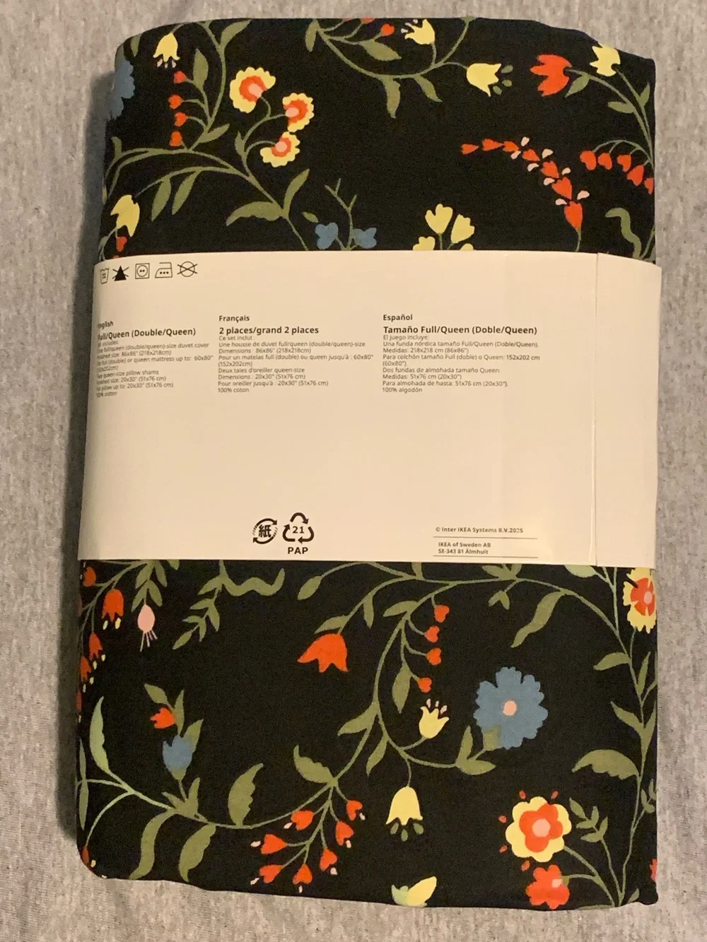 Full/Queen Floral Duvet Cover - Black with Multicolor Flowers